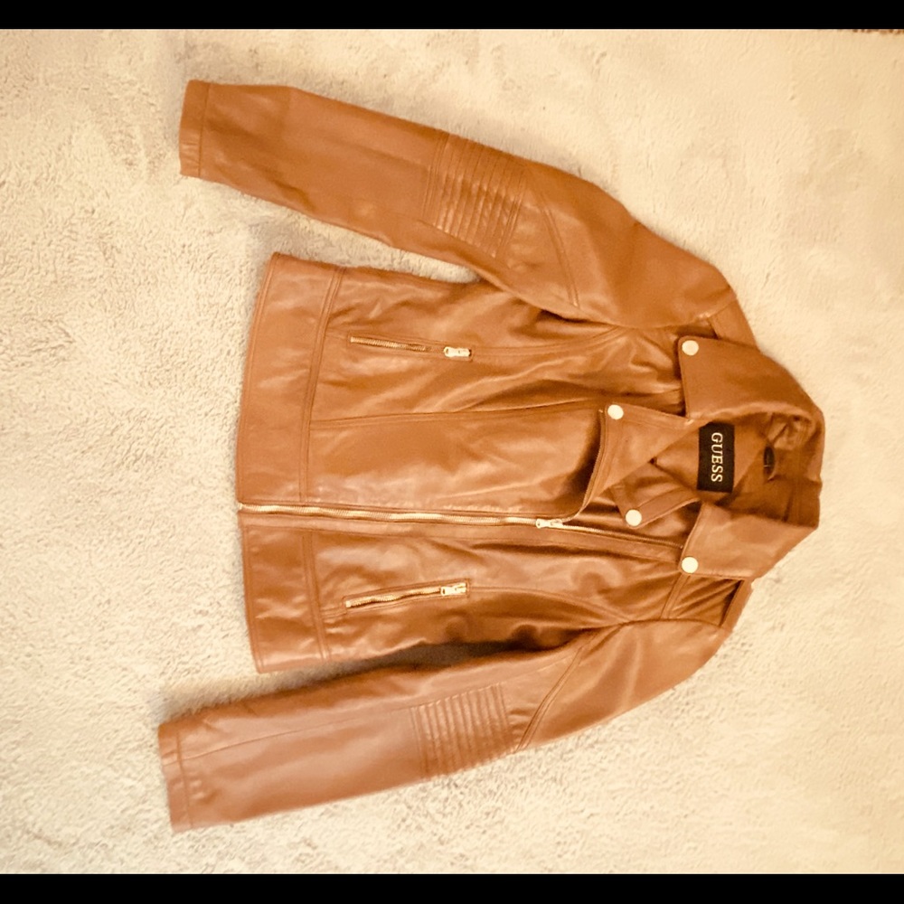 Guess leather jacket with gold zippers and detail